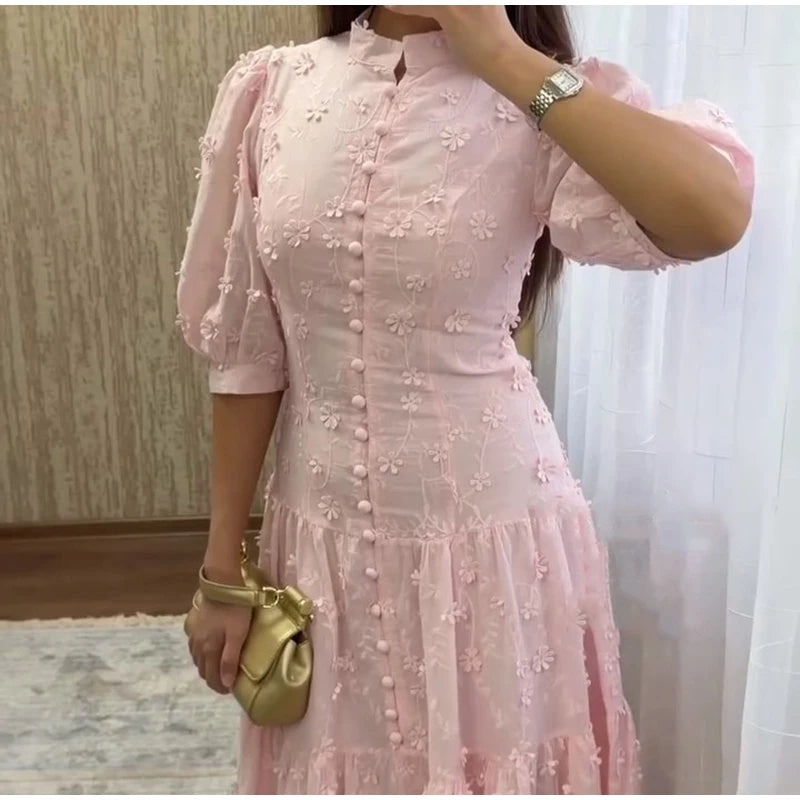 Floral Puff Sleeve Empire Waist Long Dress for Women