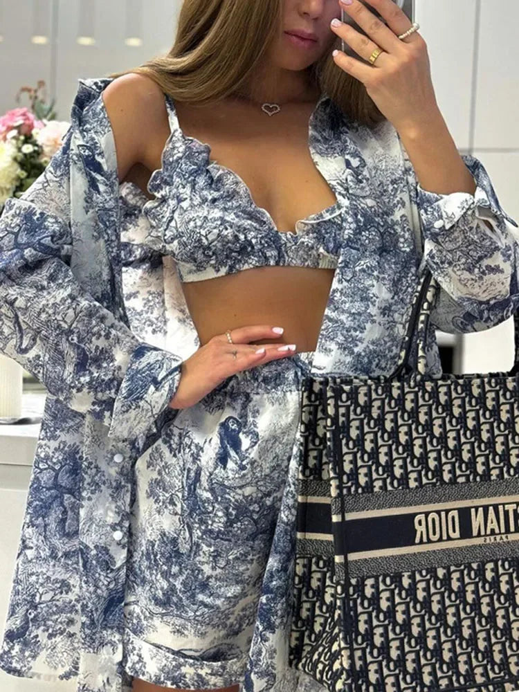 Casual Retro Ink Print Shirt and Shorts Set for Women