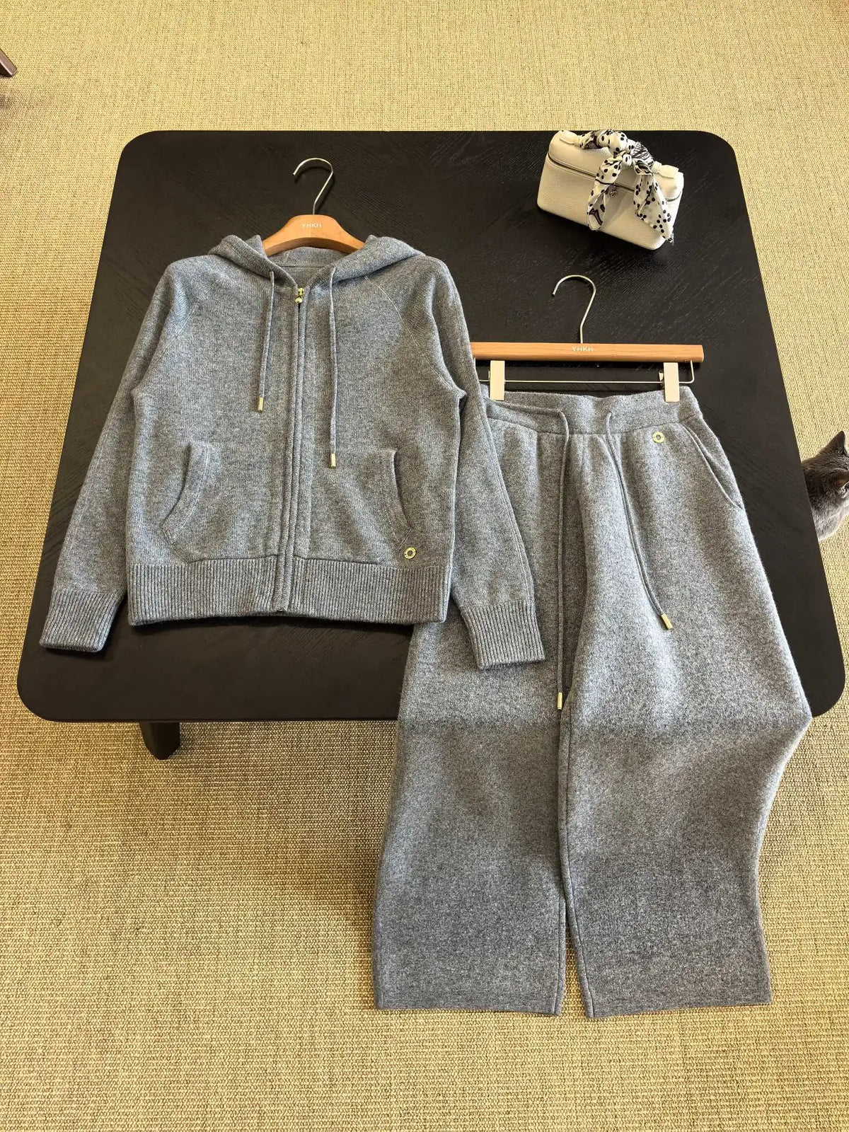 Hooded Knit Two Piece Set With Elastic Waist Pants For Women