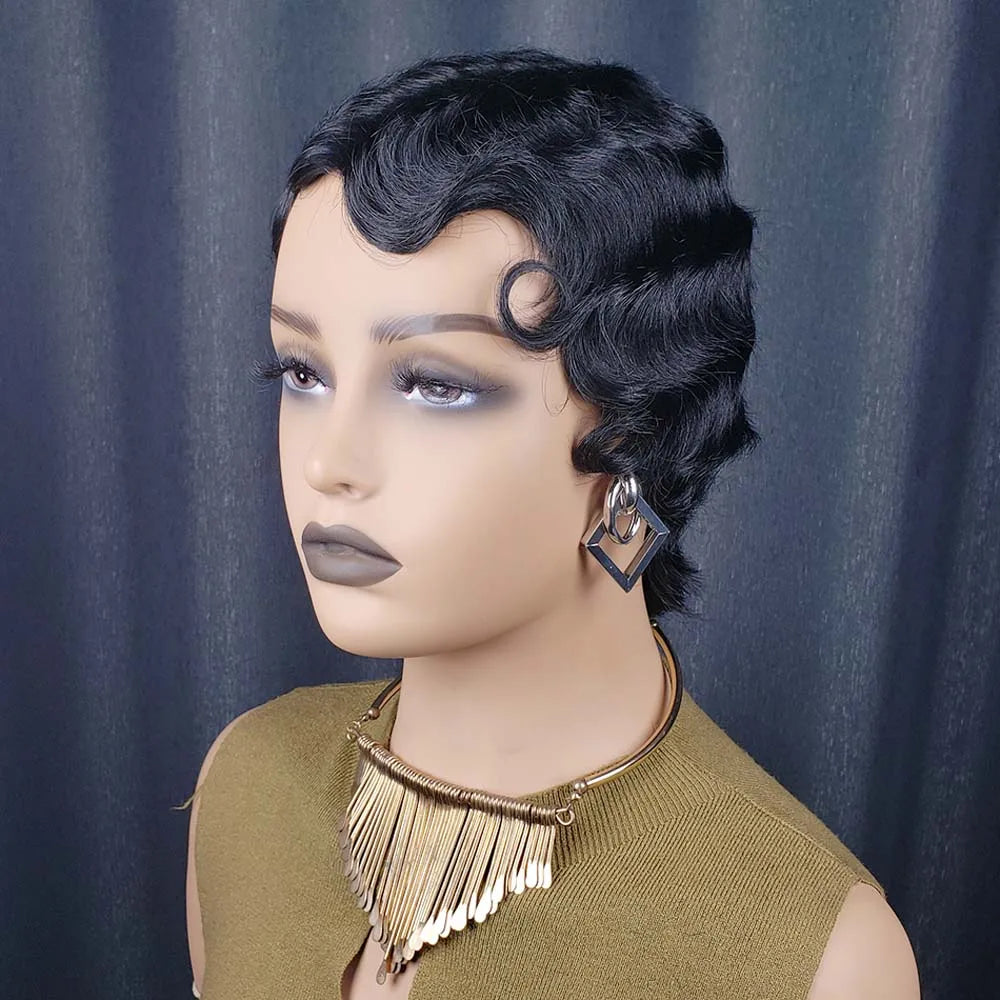 Short Curly Pixie Cut Remy Human Hair Wig for Women