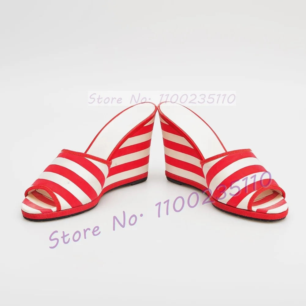 Elegant Red Stripe Canvas Open Toe Wedge Mules For Women