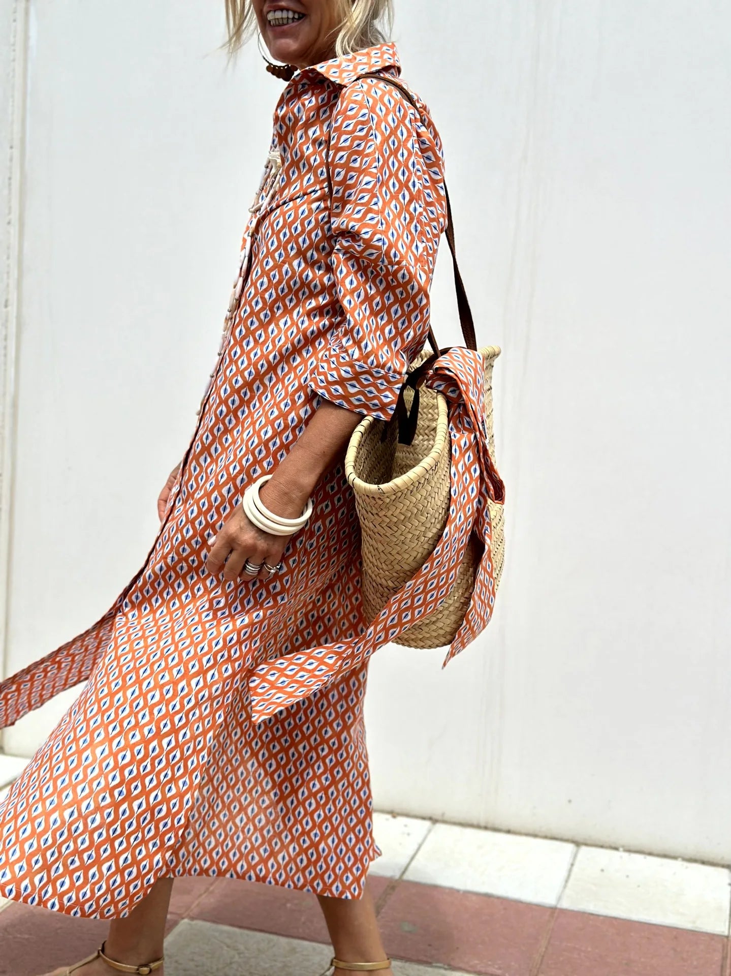 Striped Belted Ankle Length Half Sleeves Lapel Dress for Women