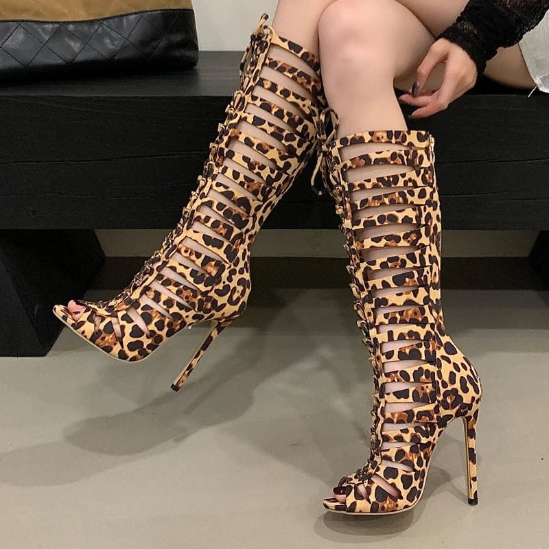 Leopard Print Hollow Out Peep Toe Knee High Boots for Women
