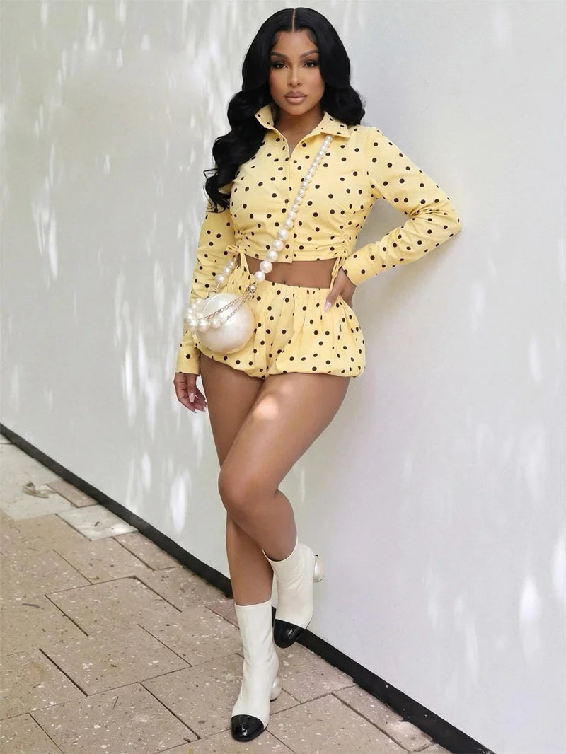 Polka Dot Ruched Turn-Down Collar Shirt and Shorts Set for Women