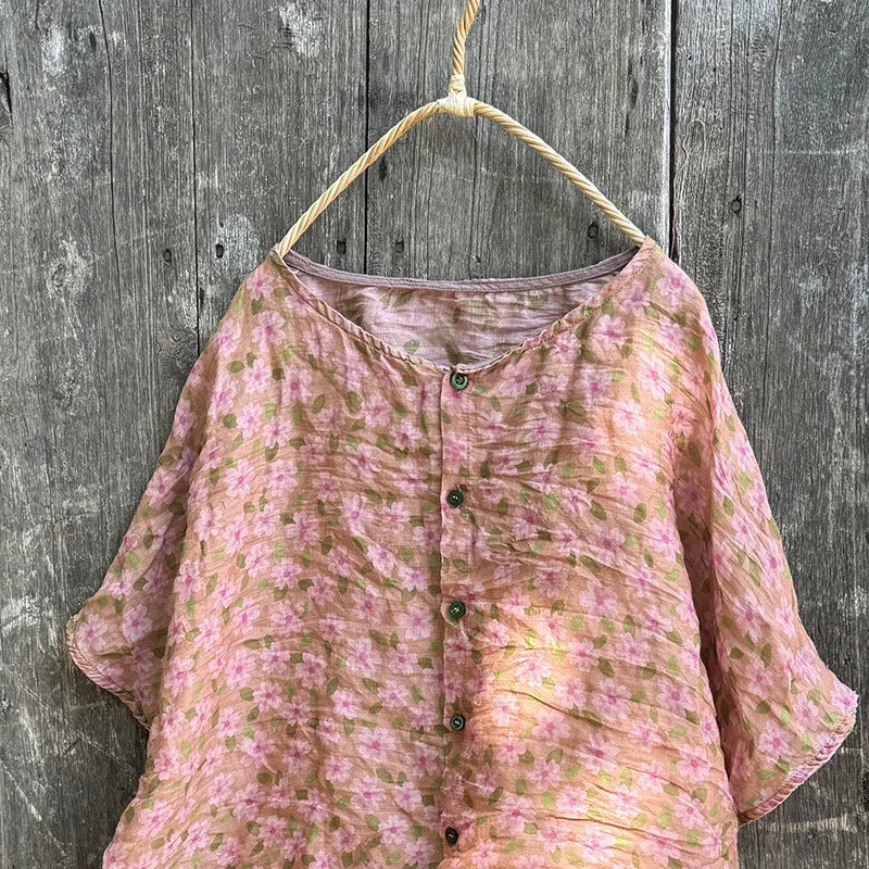 Casual Floral Print Loose Linen Relaxed Fit Shirt for Women