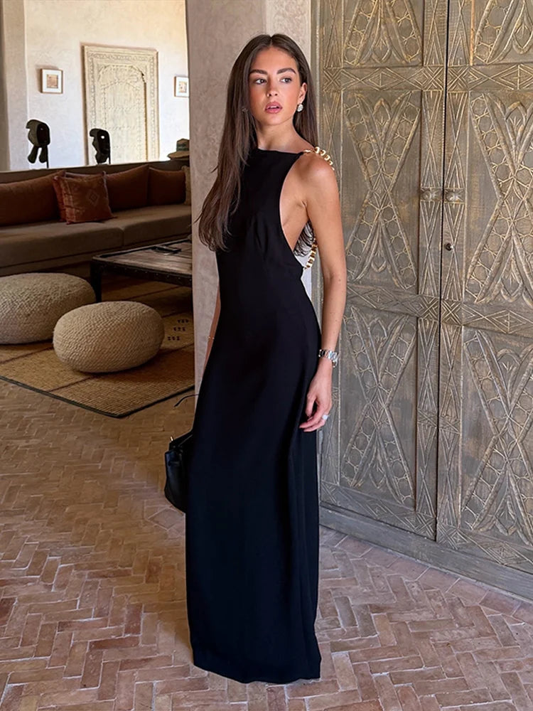 Polka Dots Backless Sleeveless Beaded Square Collar Long Dress for Women