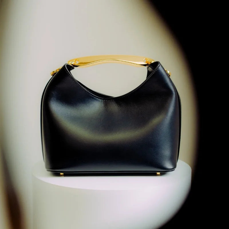 Luxury Texture Women's Bag Lychee Pattern Metal Handle Shoulder Bag Evening Clutch Bag Fashion Designer Half-moon Crossbody Bag