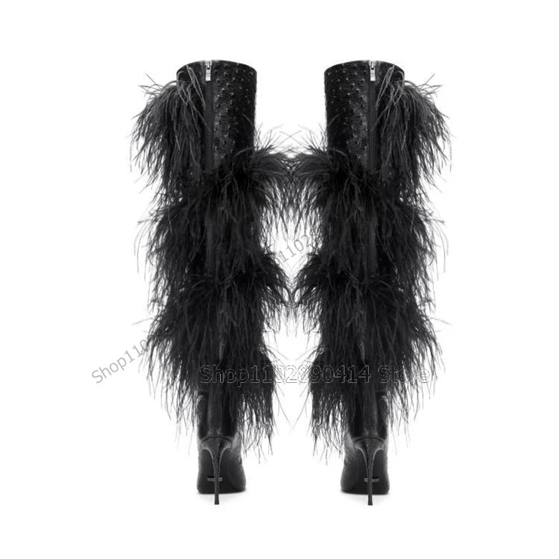 Black Ostrich Feather Pointed Toe High Heel Boots For Women