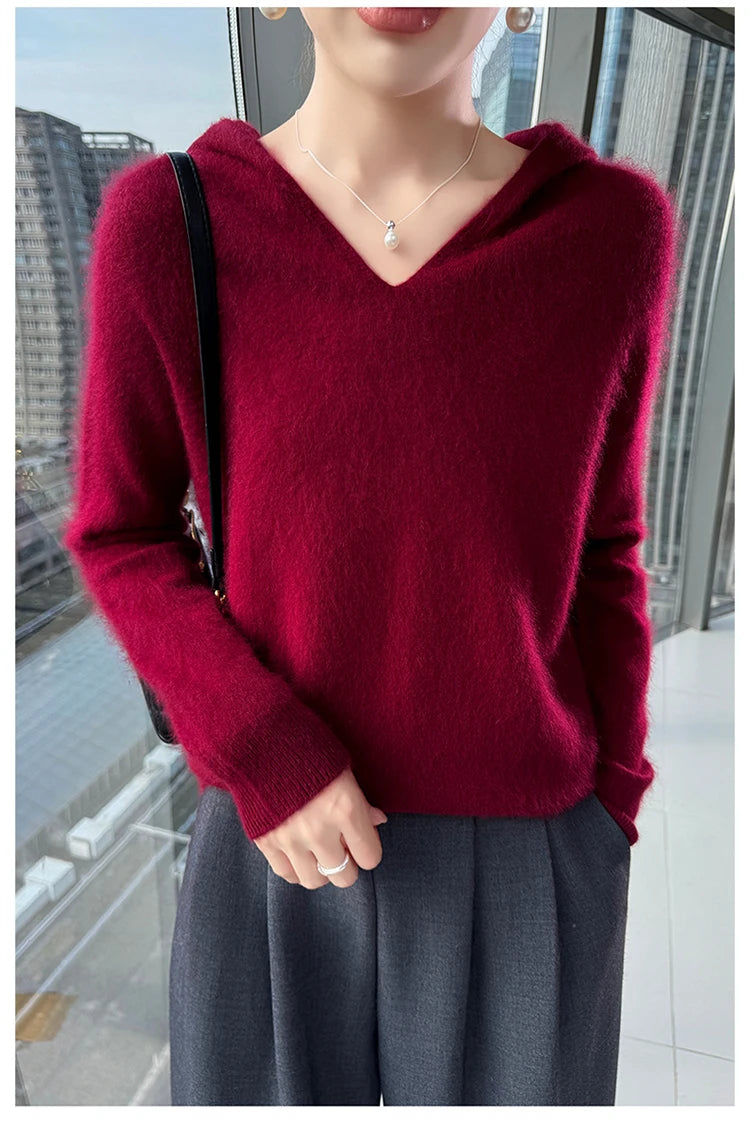 Loose Fit Thick Knit Hooded V-Neck Sweater for Women
