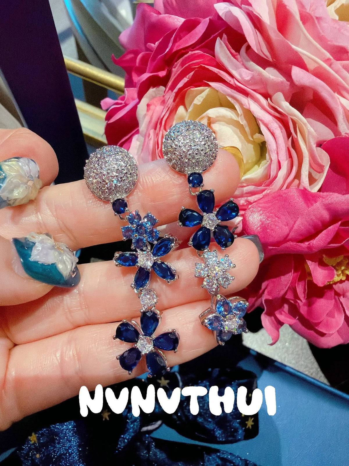 Vintage Blue Floral Zircon Necklace and Bracelet Set for Women