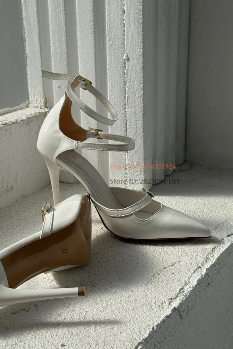 Patent Leather Pointed Toe Pumps With Three Belt Buckle Straps for Women