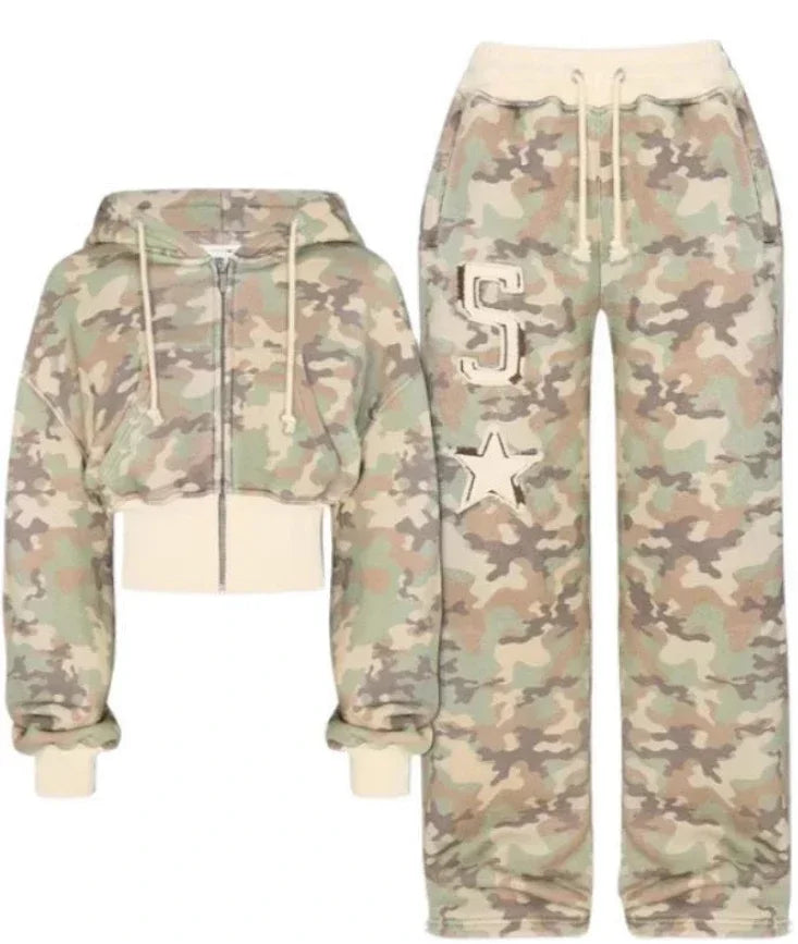 Gothic Women Camouflage Tie Dye Hoodie Sweatpant Y2K Clothes Letter Embroidery Retro Oversized Cropp Sweatshirt Casual Pants Set