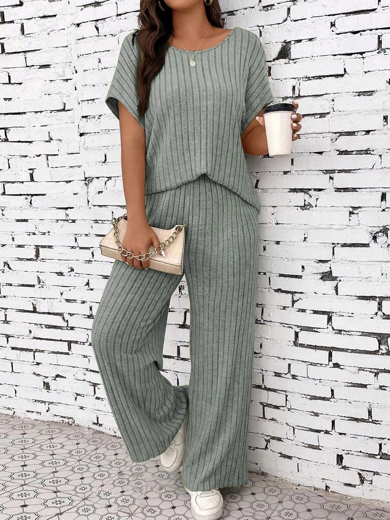 Ribbed Drop Shoulder Two-Piece Set