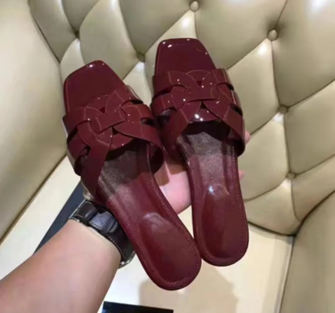 Knitted Square Heel Sandals With Slip On Soft Eva Insole Comfortable For Women