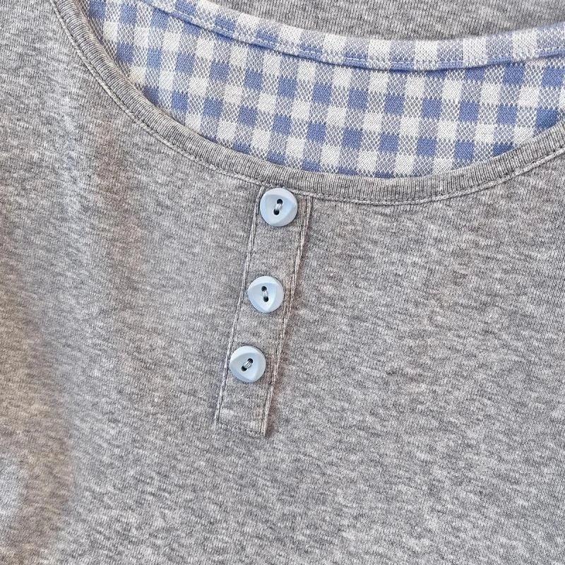 Fashion Fake Two Piece Long Sleeve T-shirt Women Autumn Round Neck Grey Plaid Splicing Pullover Korean Casual Versatile Top