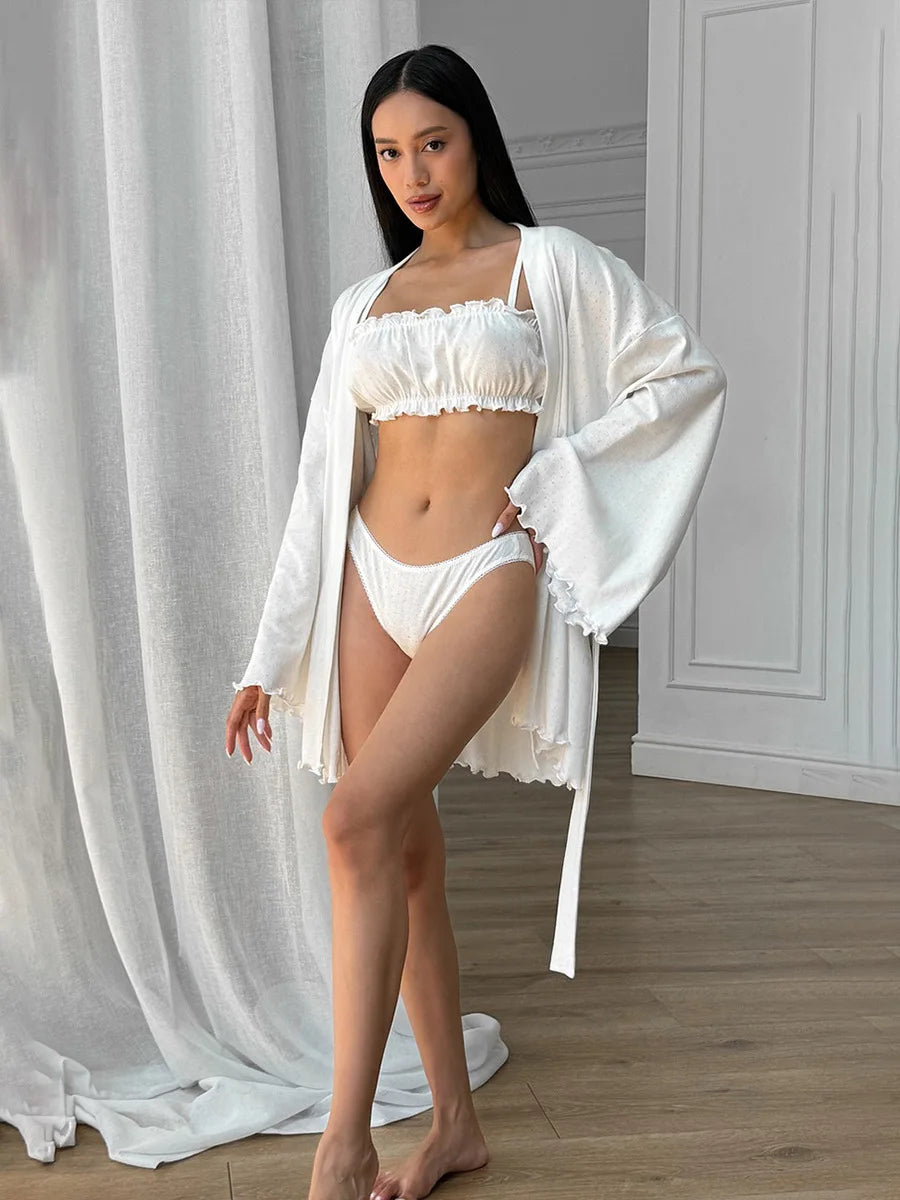 Comfortable Knitted V Neck Pajama And Robe Set For Women