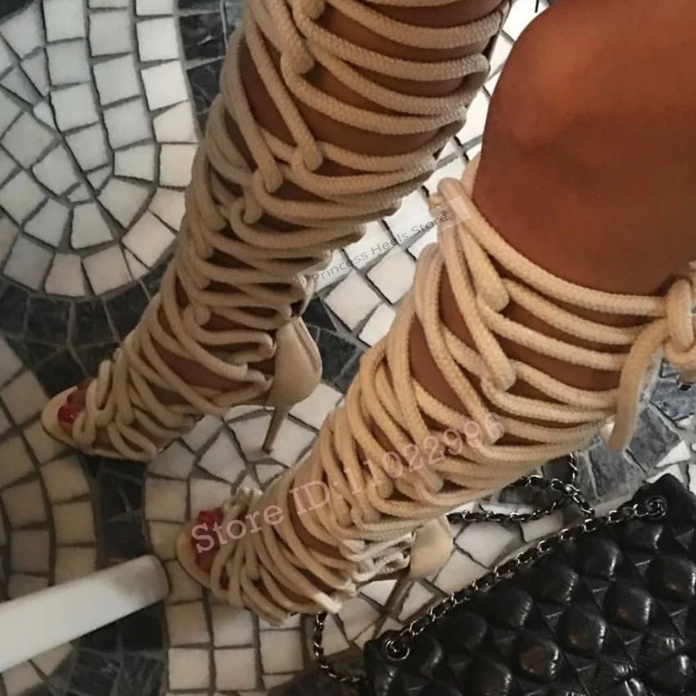 Cross Straps Hollow Cuts Open Toe Lace Up Sandals for Women