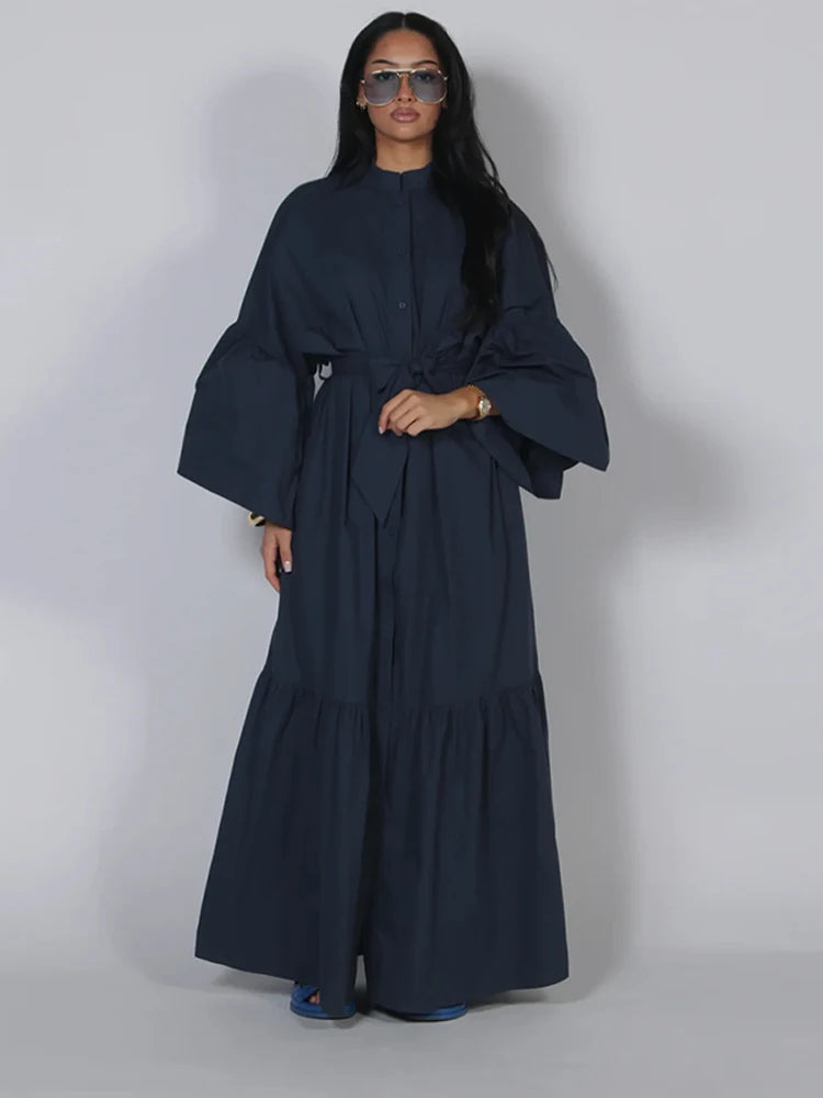 Casual Belted Long Lantern Sleeve Button Dress for Women