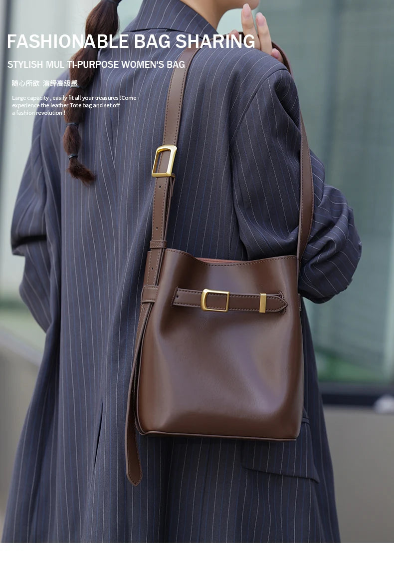 Cow Split Leather Bucket Bag Women Vintage messenger High Quality Simple Handbag Lady Shoulder Bag Luxury Female Crossbody Bags
