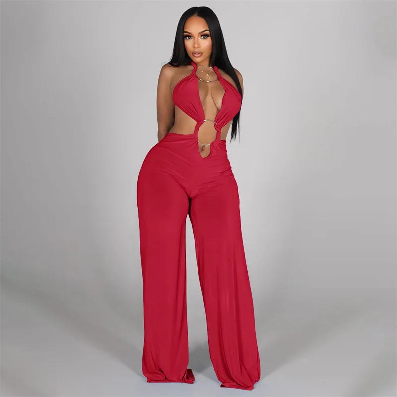 Metal Ring Bandage Hollow Out Halter Backless One Piece Jumpsuit for Women