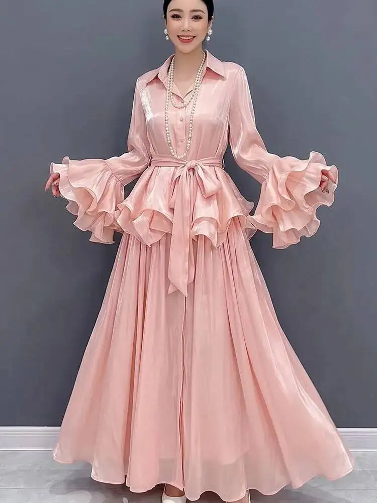 Belted Flare Sleeve Two Piece Set