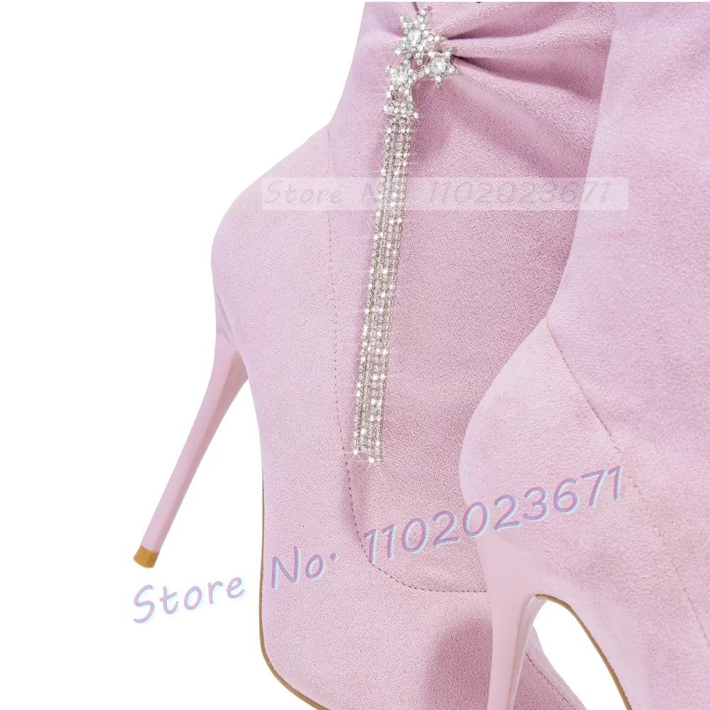 Pink Crystal Rhinestone Fringe High Heel Ankle Boots for Women