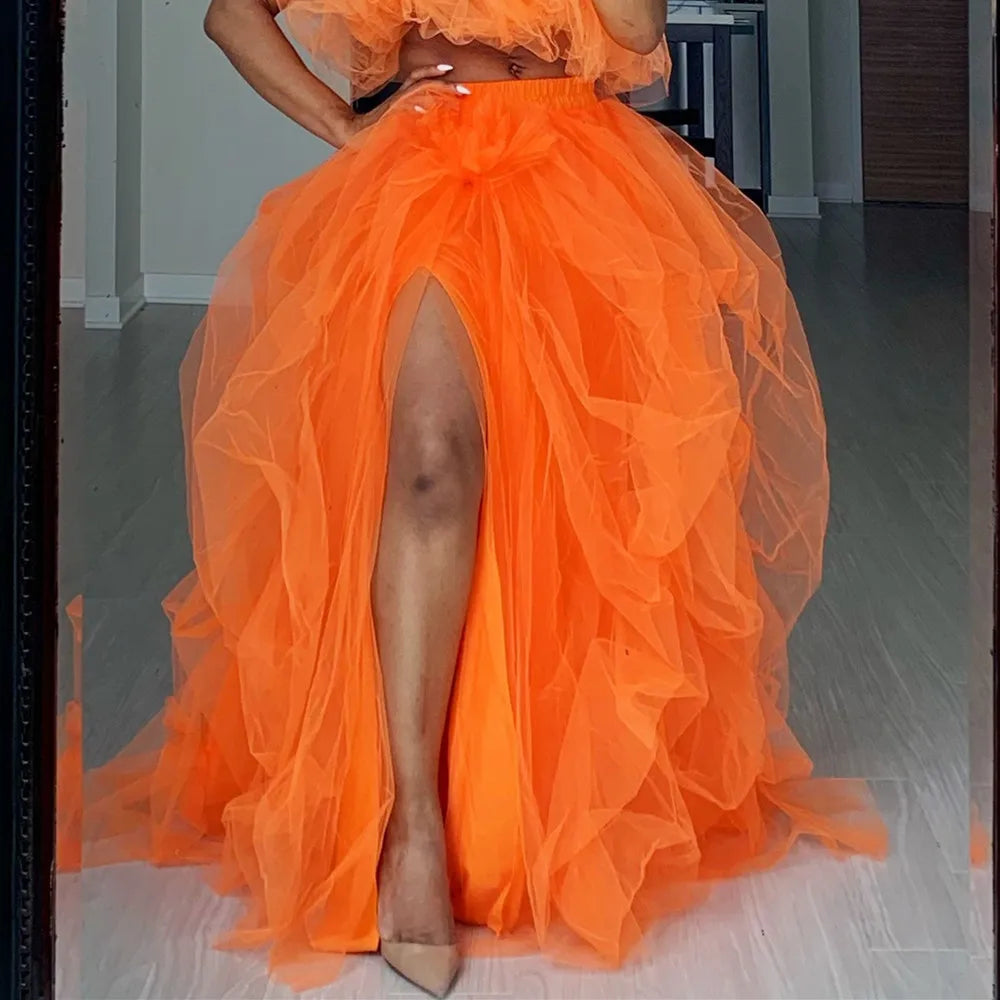 Elegant Layered Tulle Tutu Skirt With High Waist Slit for Women