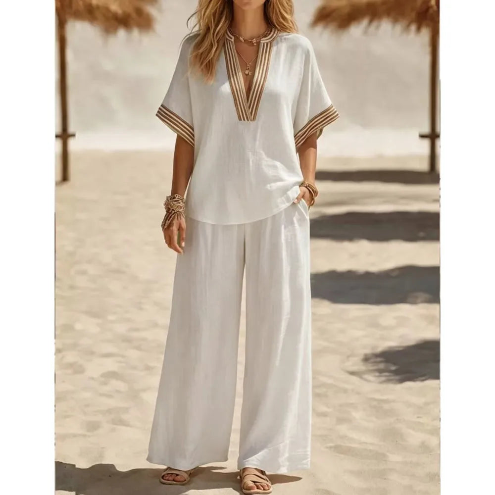Striped V Neck Short Sleeve Two Piece Set for Women