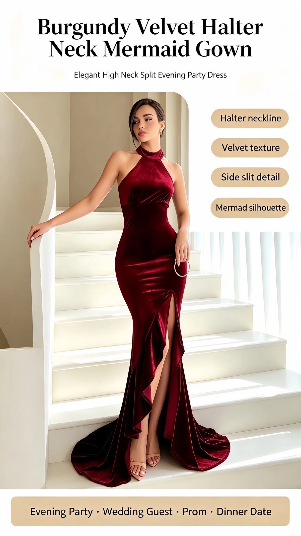 Burgundy Velvet Halter Neck Mermaid Evening Gown for Women