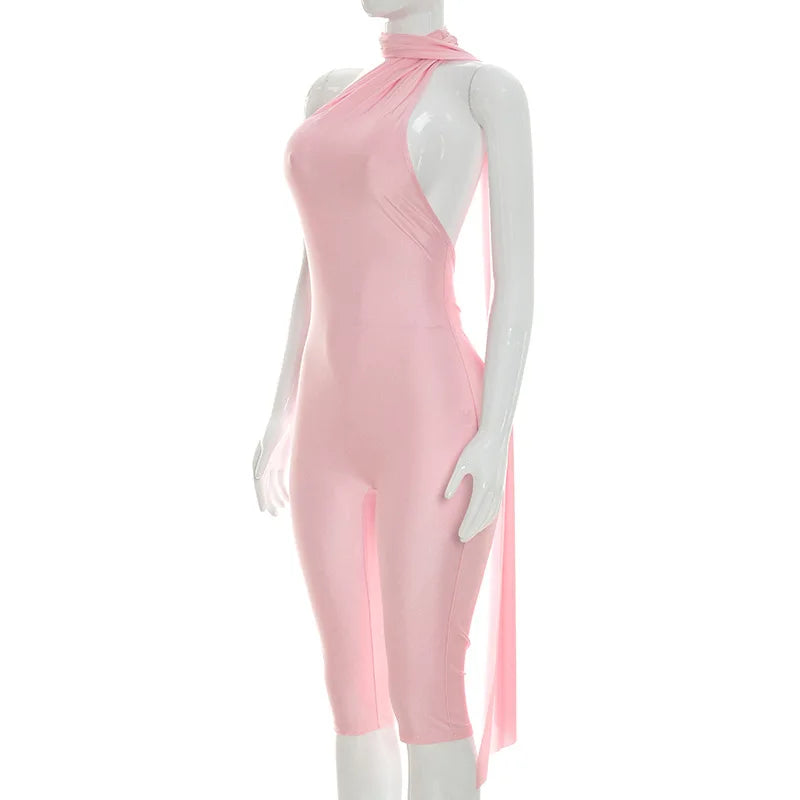 Sexy Ruched Backless Halter Bandage Jumpsuit for Women