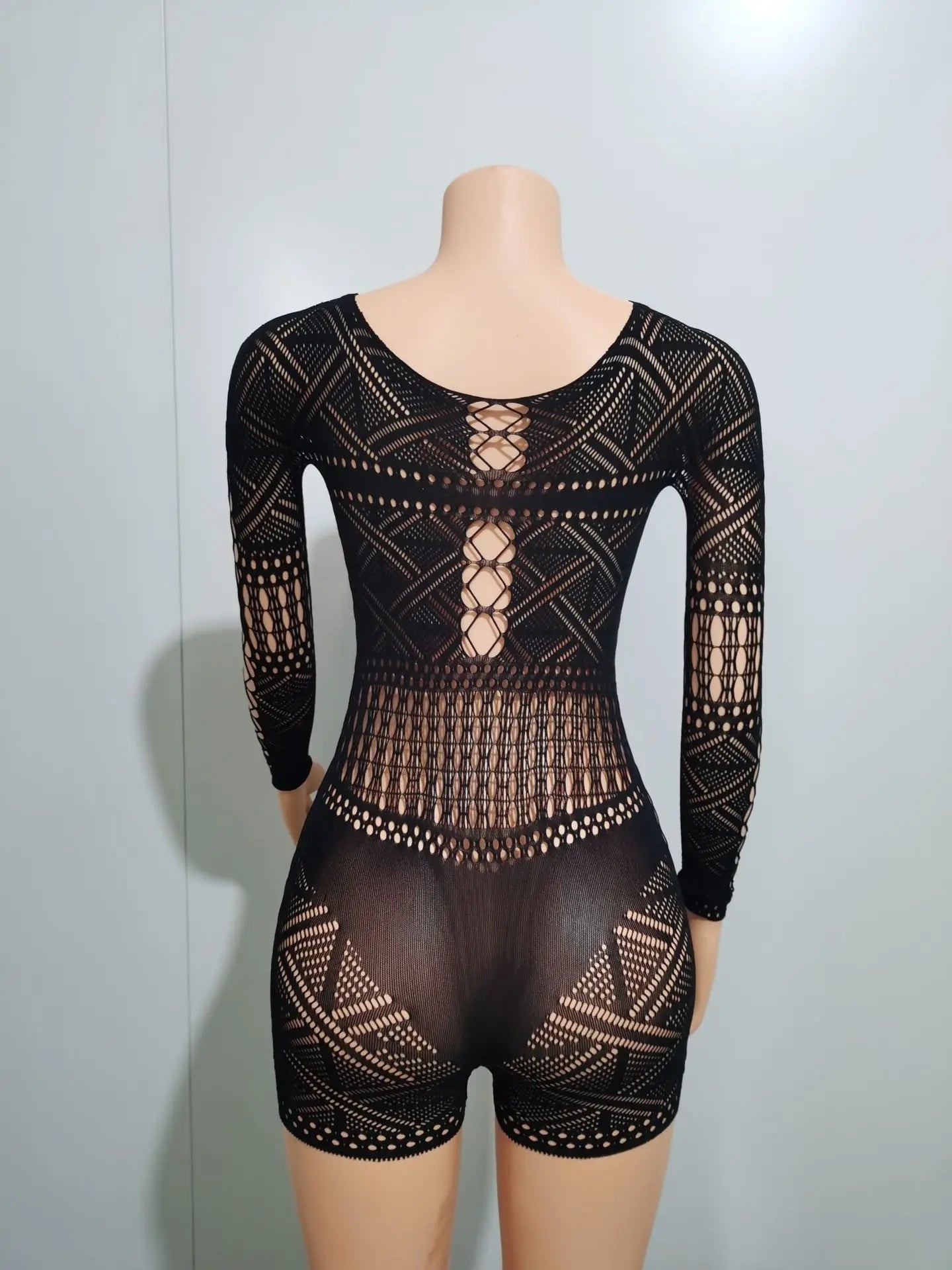 Hollow Out Patchwork Lace See Through Long Sleeve Jumpsuit for Women