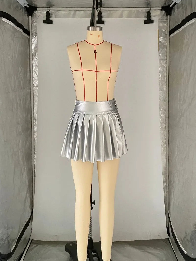 Silver Faux Leather Pleated Mini Skirt With Buckle Belt for Women