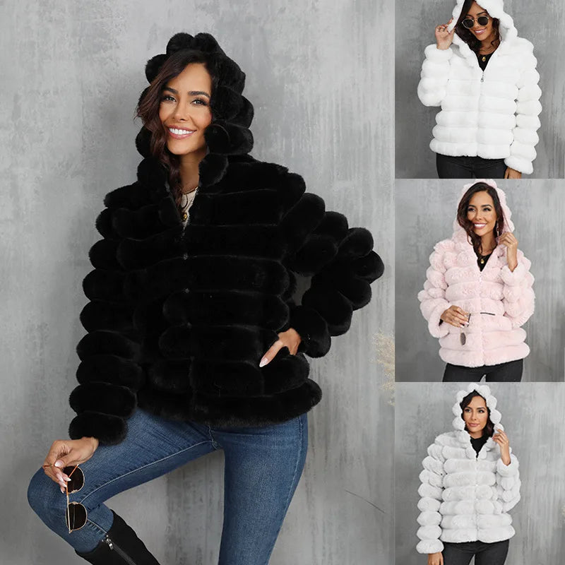 Warm Hooded Short Faux Fur Coat With Turn Down Collar for Women