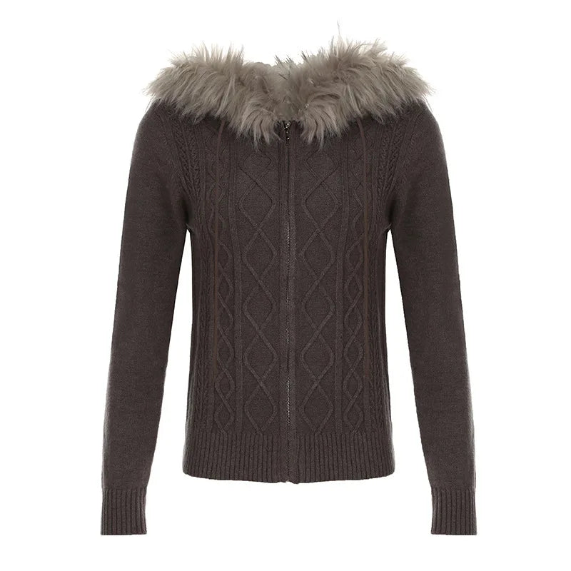 Spicy Girl Style, Furry Combination, Hoodie Zipper Sweater Cardigan, Women's Slimming And Shaping, Versatile Casual Coat