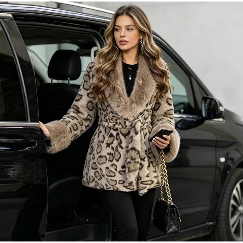 Leopard Print Faux Fur Patchwork Winter Overcoat for Women