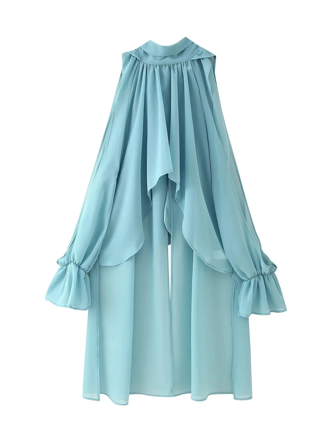 Vintage Chiffon Tiered Ruffle Sleeve Blouse with High Neck for Women