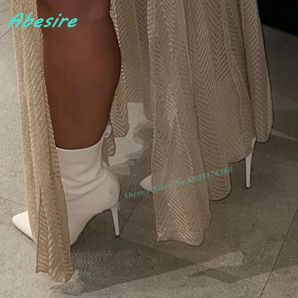 White Leather Lace‑Up Ankle Boots Pointed Toe Stiletto Heels Side-Zipper Women's Boots Elegant Concise Party Fashion Show Shoes
