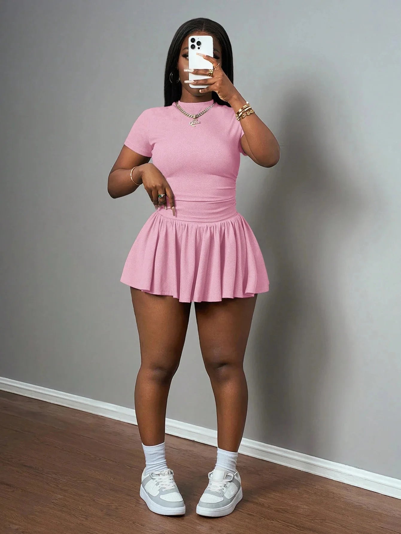 Casual Ribbed Two Piece Set with Crop Top and Pleated Skirt for Women