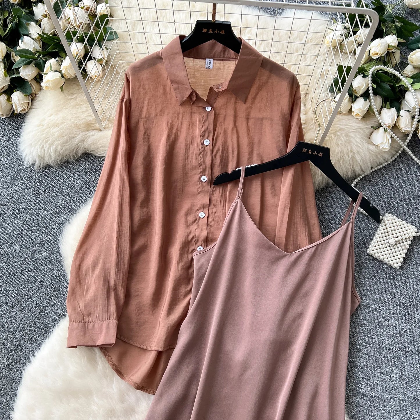 Elegant Long Sleeve Turn Down Collar Solid Color Two Piece Set for Women