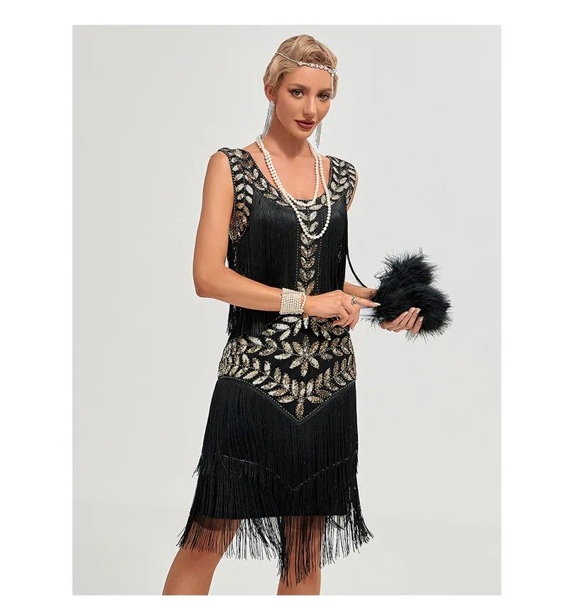 Sequined Beaded Embroidery O Neck Knee Length Dress for Women