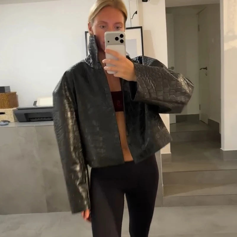 Retro Snake Print Faux Leather Cropped Jacket for Women