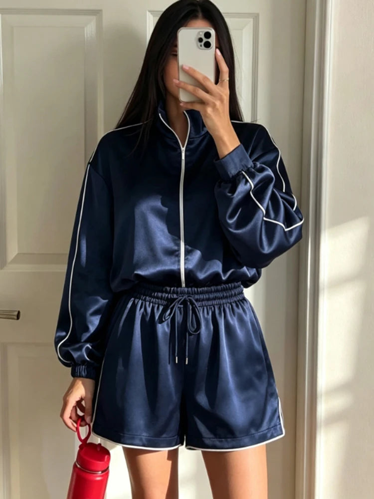 Relaxed Fit Casual Solid Coat Shorts Set for Women