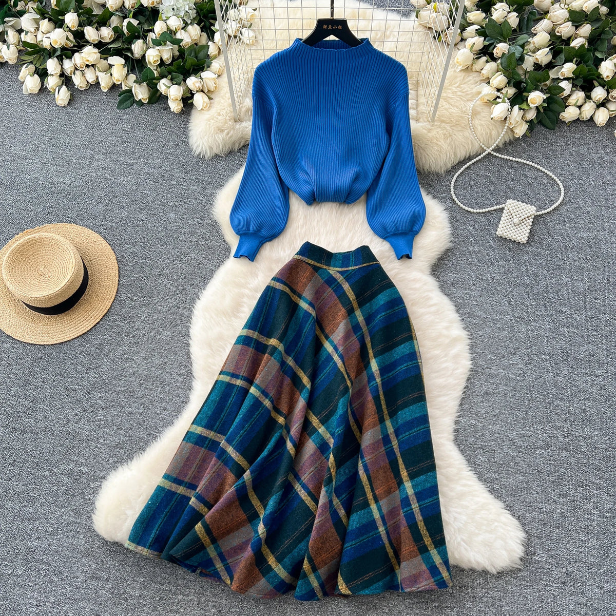 Plaid Knitted Sweater and Long Skirt Two Piece Set for Women
