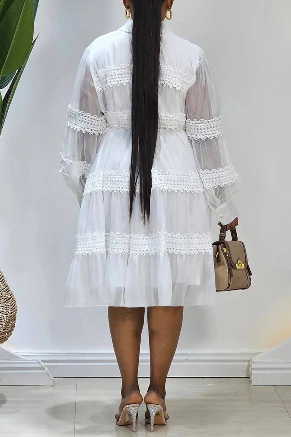 Plus Size Business Casual White Elegant Shirt Collar Lantern Sleeve Long Sleeve See Through Contrast Midi Dresses