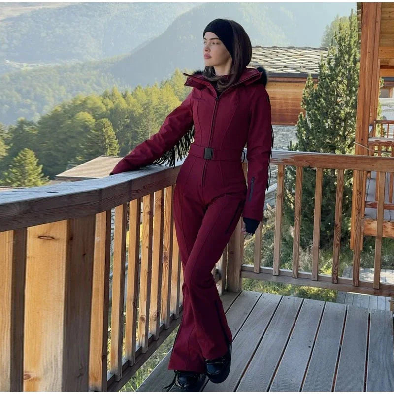 Tassel Red Slim Long Sleeve Stand Collar Wide Leg Jumpsuit for Women