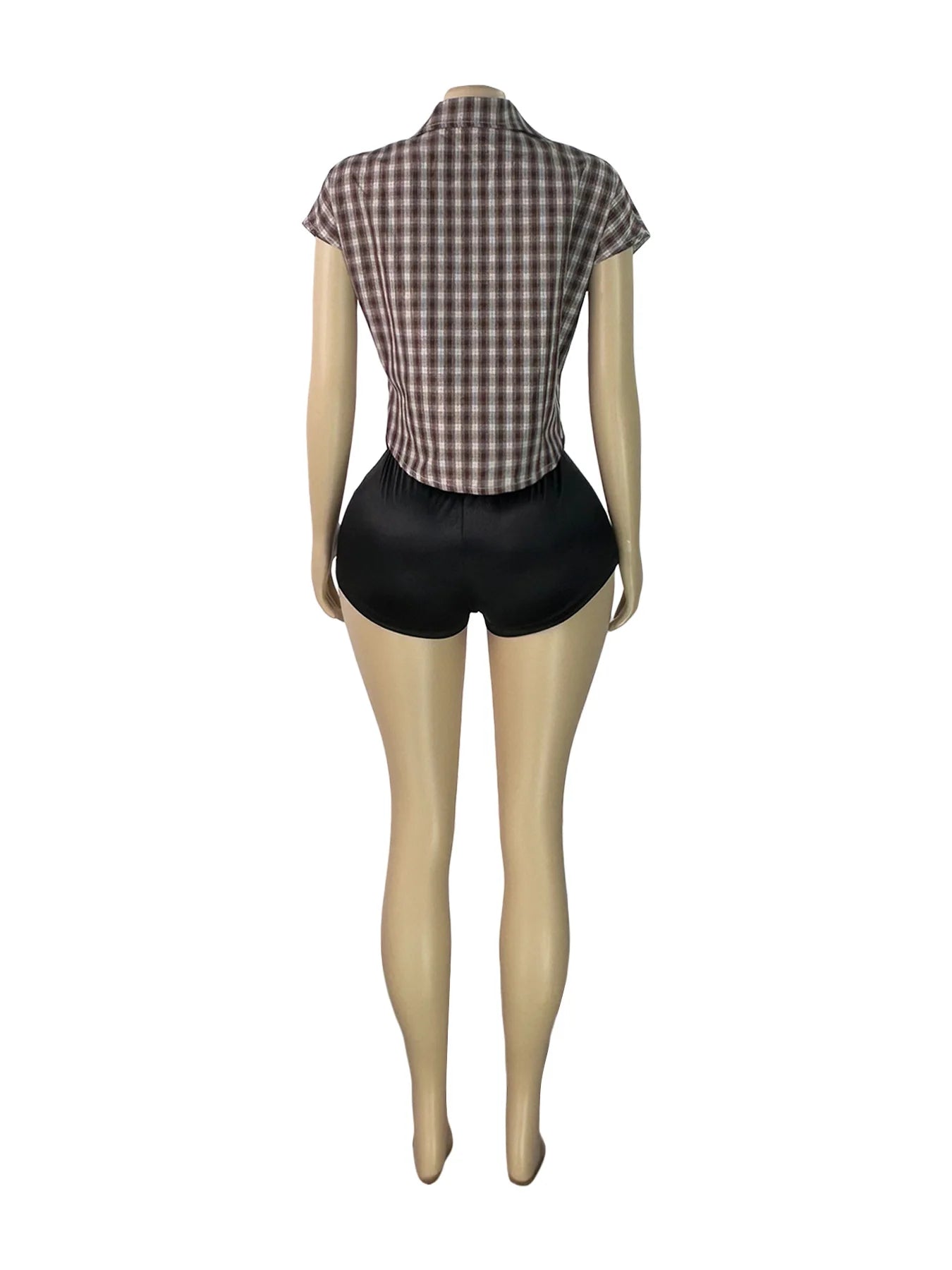 Plaid Print Deep V Neck Sleeveless Hollow Two Piece Set for Women