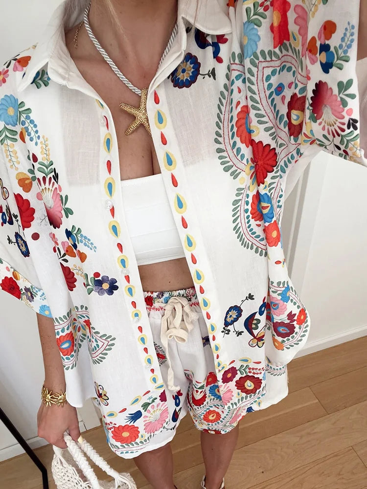 Women Cardigan Top Shorts Two Pieces Sets, Summer Holiday Fashion Half Sleeve Chic Outfit, 2025 Print Elastic Waist Ladies Suits