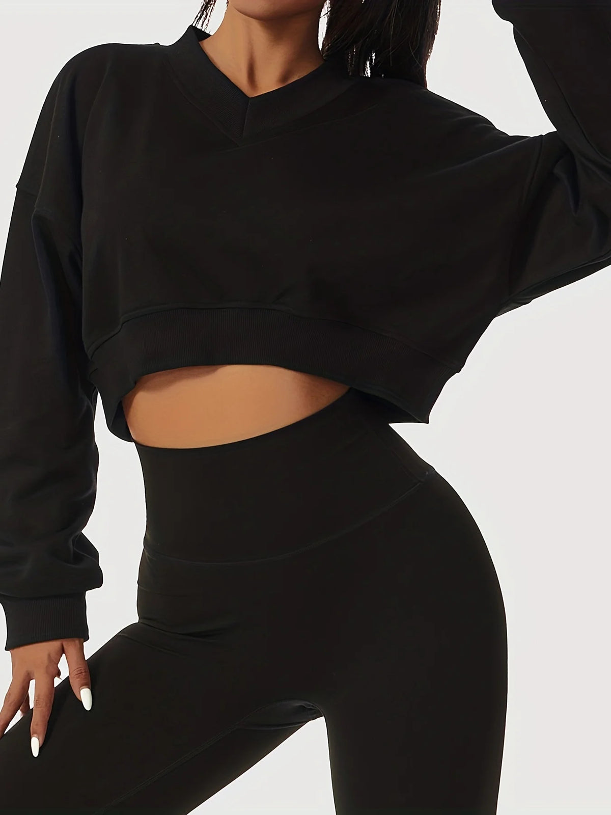 Casual Cropped V Neck Long Sleeve Sweatshirt for Women