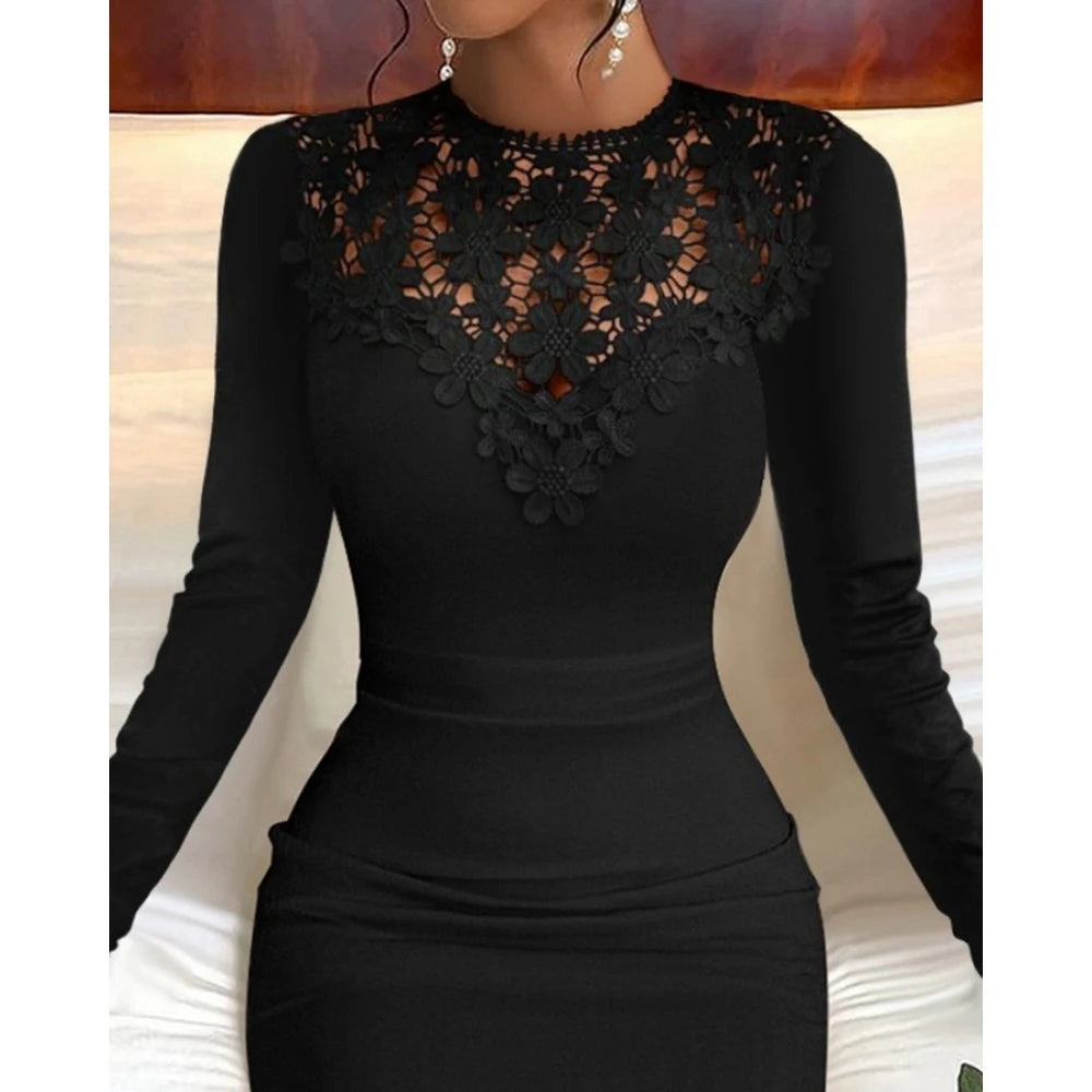Contrast Lace Round Neck Slim Fit Bodycon Dress Hollow Out Mini Party Dress