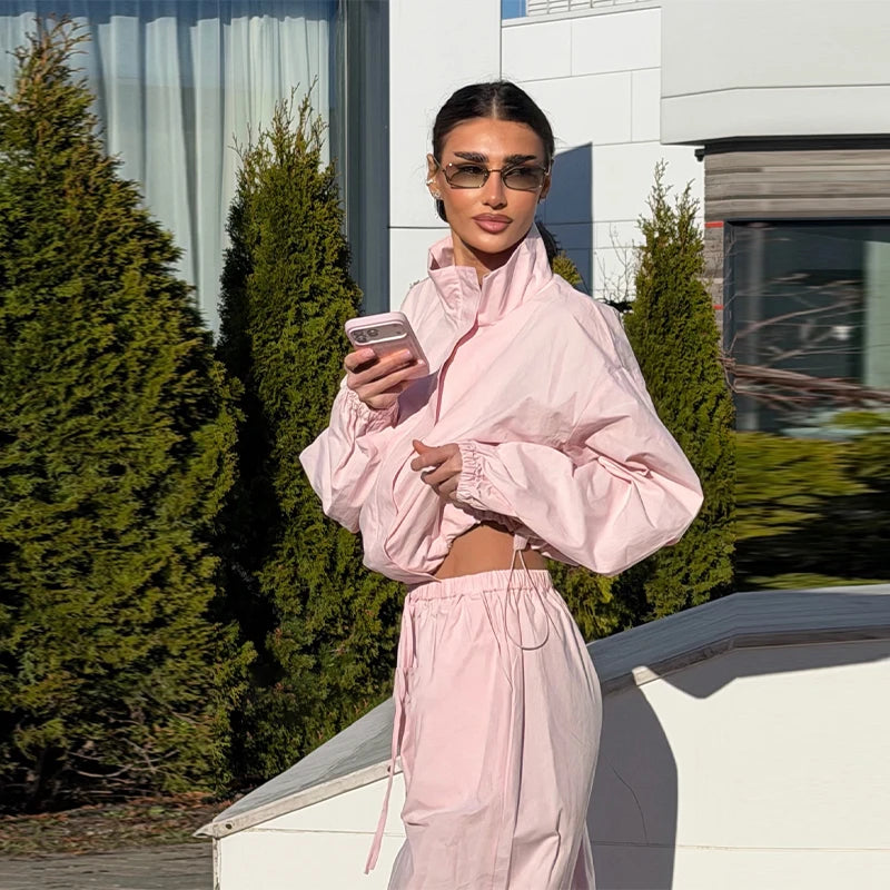 Solid Loose Suit Set with Stand Collar Crop Top and Drawstring Pants for Women